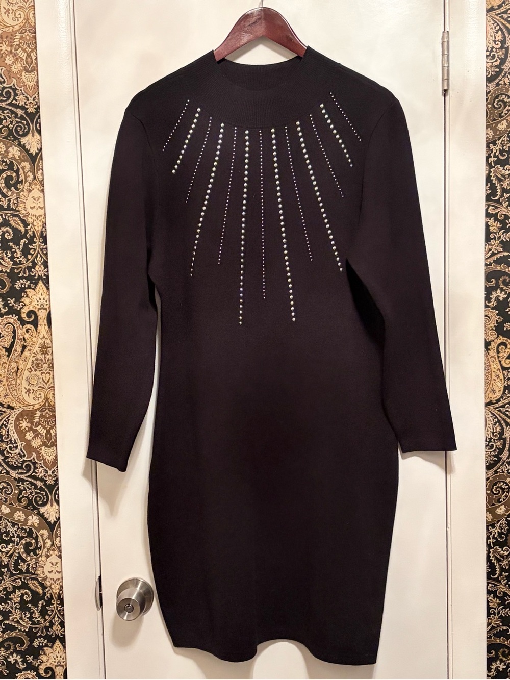NINA LEONARD Black Long-Sleeve Knit Sweater Dress w/ Radiant Rhinestones Size XL